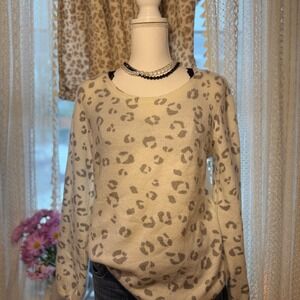 ELLE Womens‎ Sweater Leopard Print Crew Neck Long Sleeve Top Size M